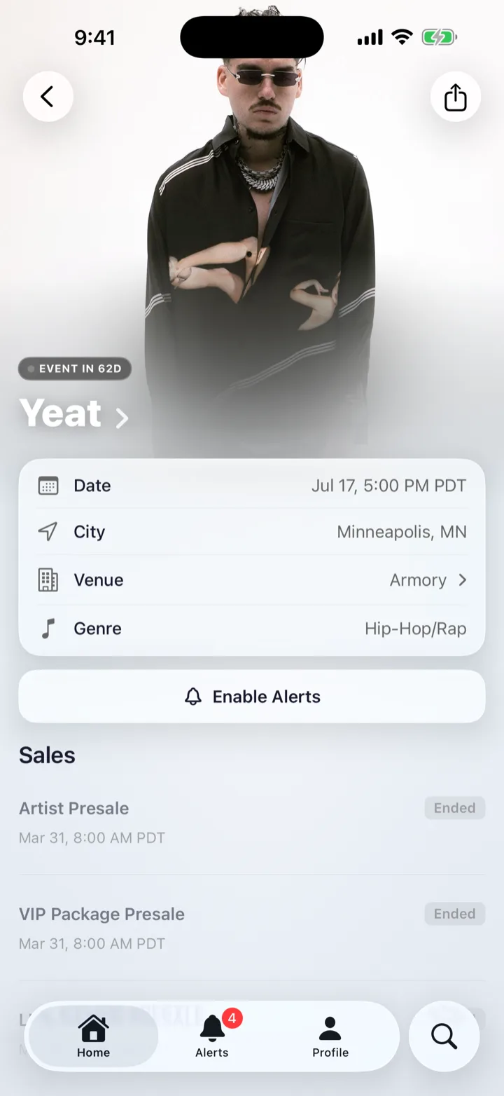 Yoink iOS app — event detail for Yeat in Minneapolis with Enable Alerts and on-sale dates