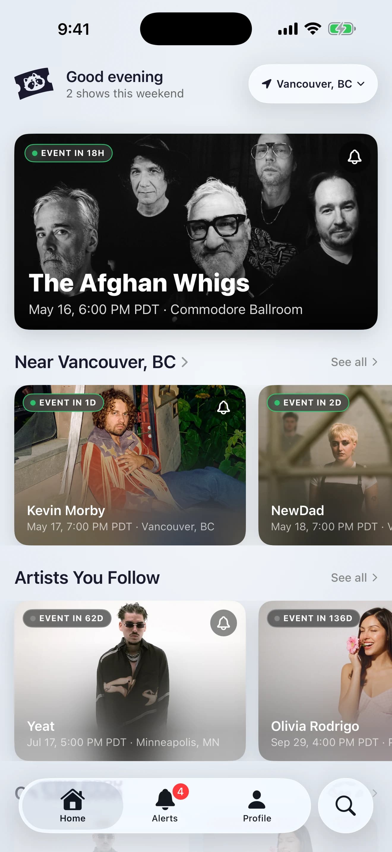 Yoink iOS app — nearby concerts dashboard with The Amity Affliction featured