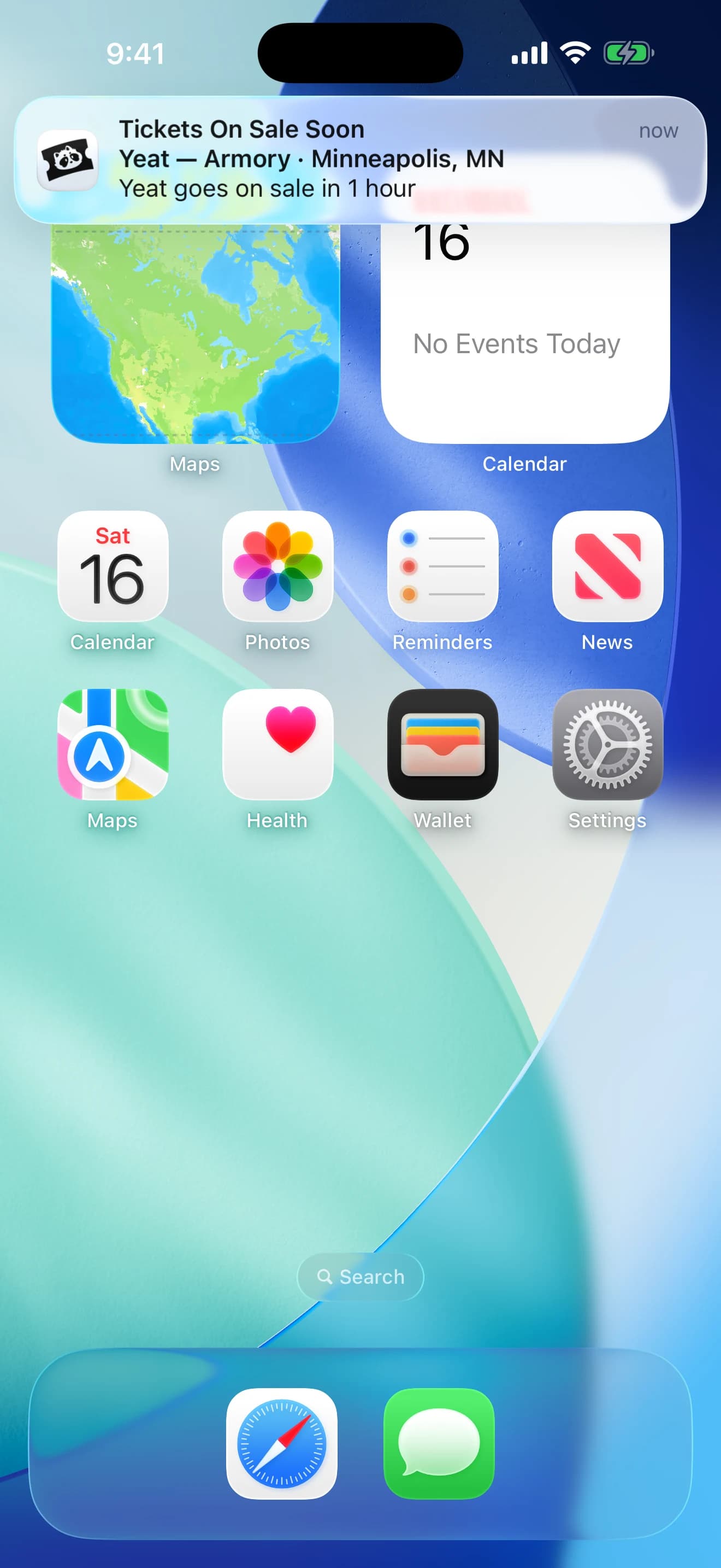 iPhone home screen with a Yoink push notification: Tickets On Sale Soon — Yeat — Armory, Minneapolis, MN — Yeat goes on sale in 1 hour